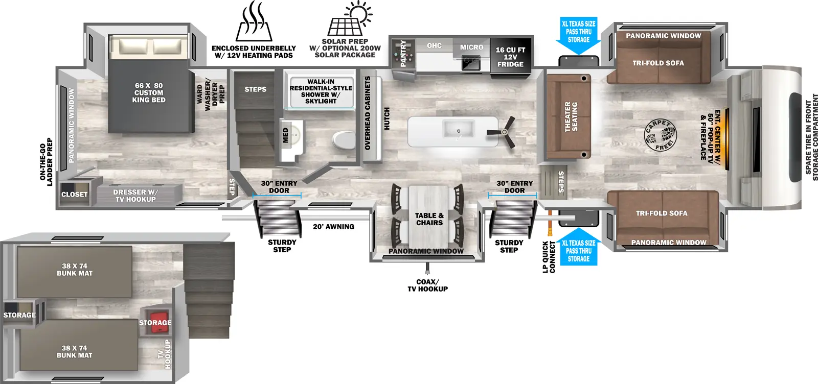 The Heritage Glen Fifth Wheels 378FL has two entries and five slide outs. Exterior features include: fiberglass exterior and 20' awning. Interiors features include: loft, kitchen island, free-standing dinette option, rear bedroom and front living.